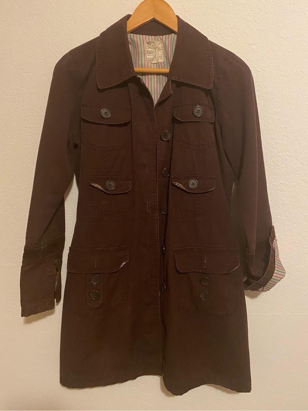 Tulle Clothing Brown Cotton Multi-Pocket Utility Midi Jacket/Coat Size S
